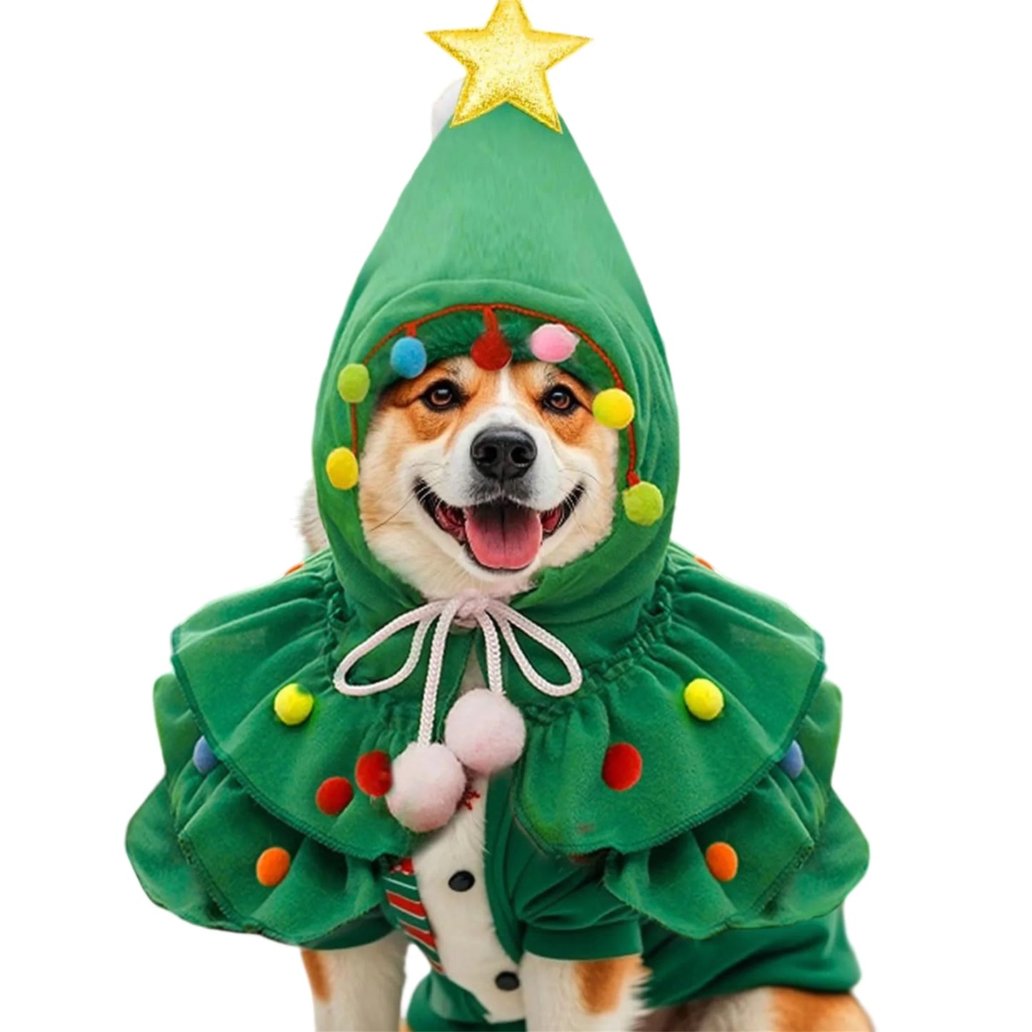 Festive Christmas Tree Costume Cape with Hat and Glitter Star for Cats and Small Dogs - Winter Pet Clothes with Colorful Balls