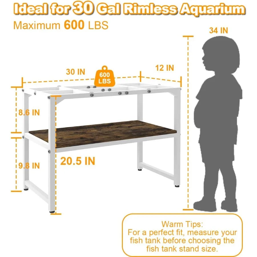 30 Gallon Rimless Fish Tank Stand with Shelf for Storage 2Tier Metal Aquarium Stand Ideal for Breeder Tanks Turtle and Reptile