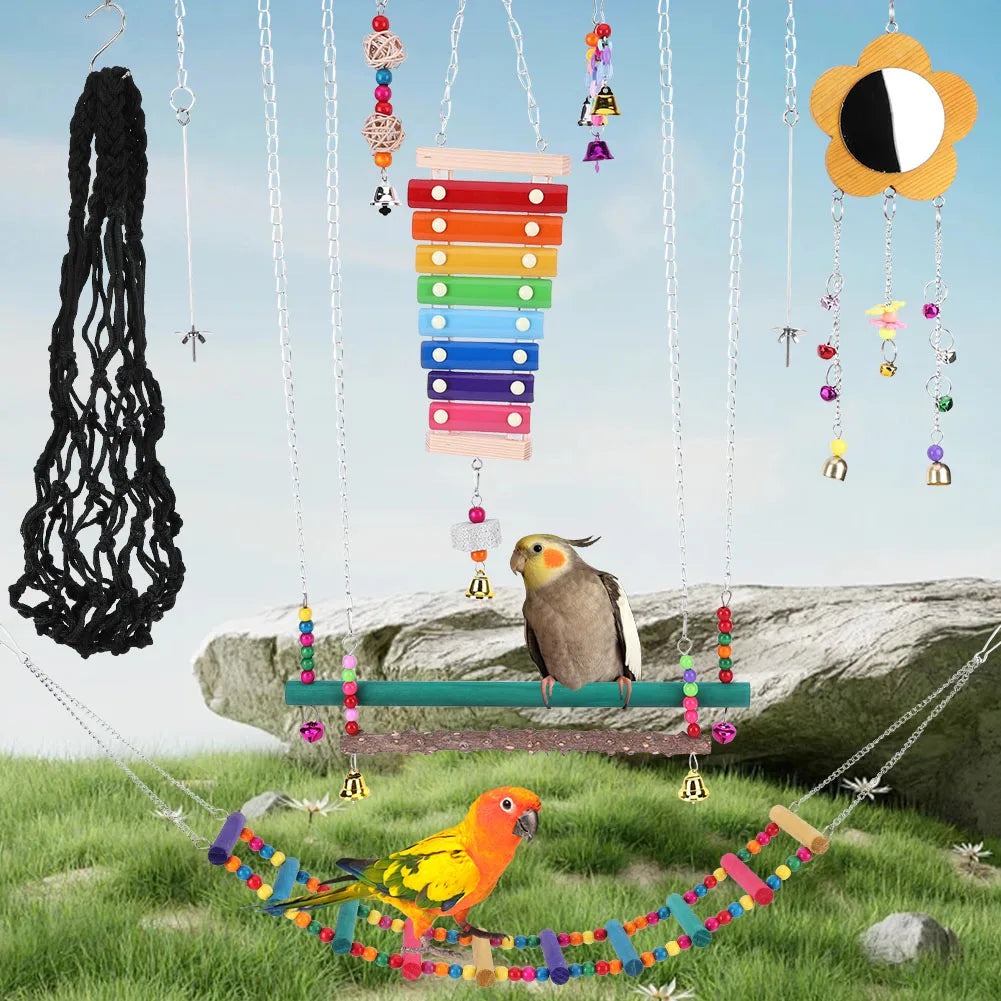 10PCS Bird Toys Set Swing Chewing Training Toys Swing Hanging Standing Chewing Toy Parrot Toy for Cockatiels Parakeets