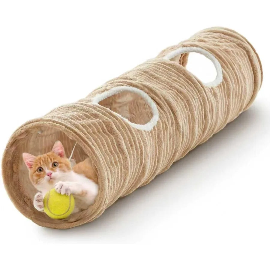 Collapsible Straight Tube Cat Tunnel with Fun Ball and Two Access Holes for Indoor Cats Rabbits Ferrets Puppies and Large Pets