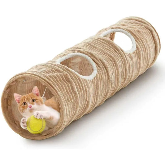 Collapsible Straight Tube Cat Tunnel with Fun Ball and Two Access Holes for Indoor Cats Rabbits Ferrets Puppies and Large Pets