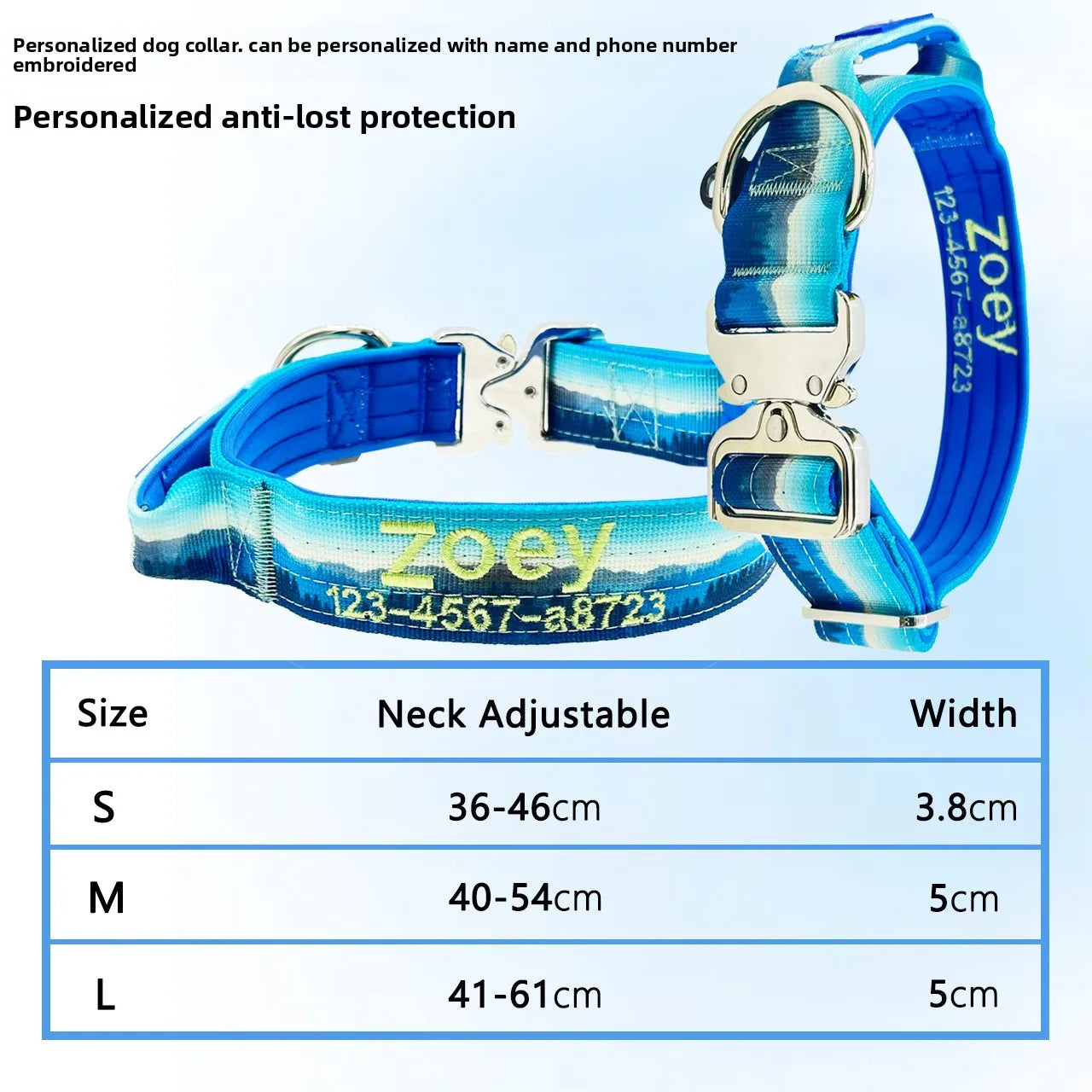 Blue and white patterned dog collar with 'Zoey' embroidered on it, size chart below.