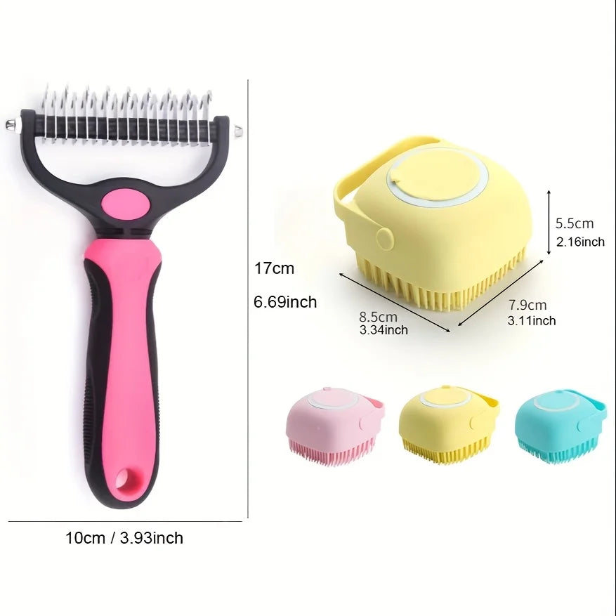 【2-in-1 Pet Grooming Brush】Dual-Sided Deshedding Tool, Stainless Steel Comb & Silicone Massage Brush, Reduce Shedding Painless f