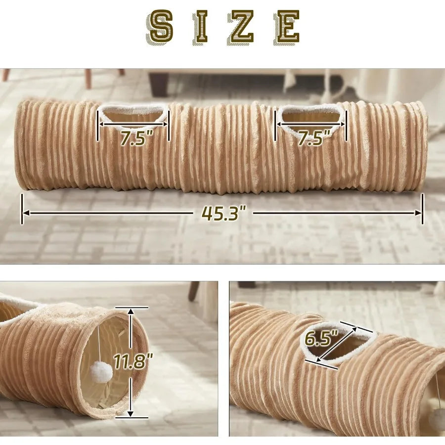 Collapsible Straight Tube Cat Tunnel with Fun Ball and Two Access Holes for Indoor Cats Rabbits Ferrets Puppies and Large Pets