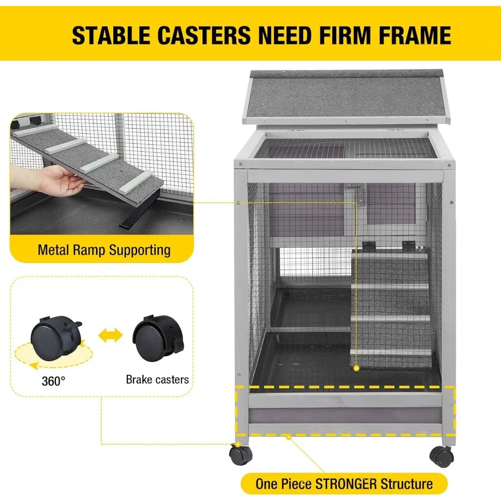 Rabbit Hutch Outdoor Indoor Rabbit Cage Chikcen Coop with Casters Guinea Pig Cage with 3 Deep No Leakage Pull Out Tray,Waterpro