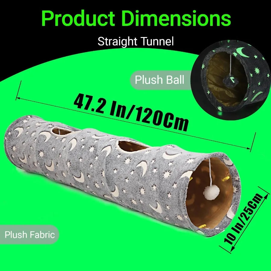Collapsible SelfLuminous Photoluminescent Cat Tunnel Tube with Plush Ball Toys for Small Pets Bunny Rabbits Kittens Ferrets Pup