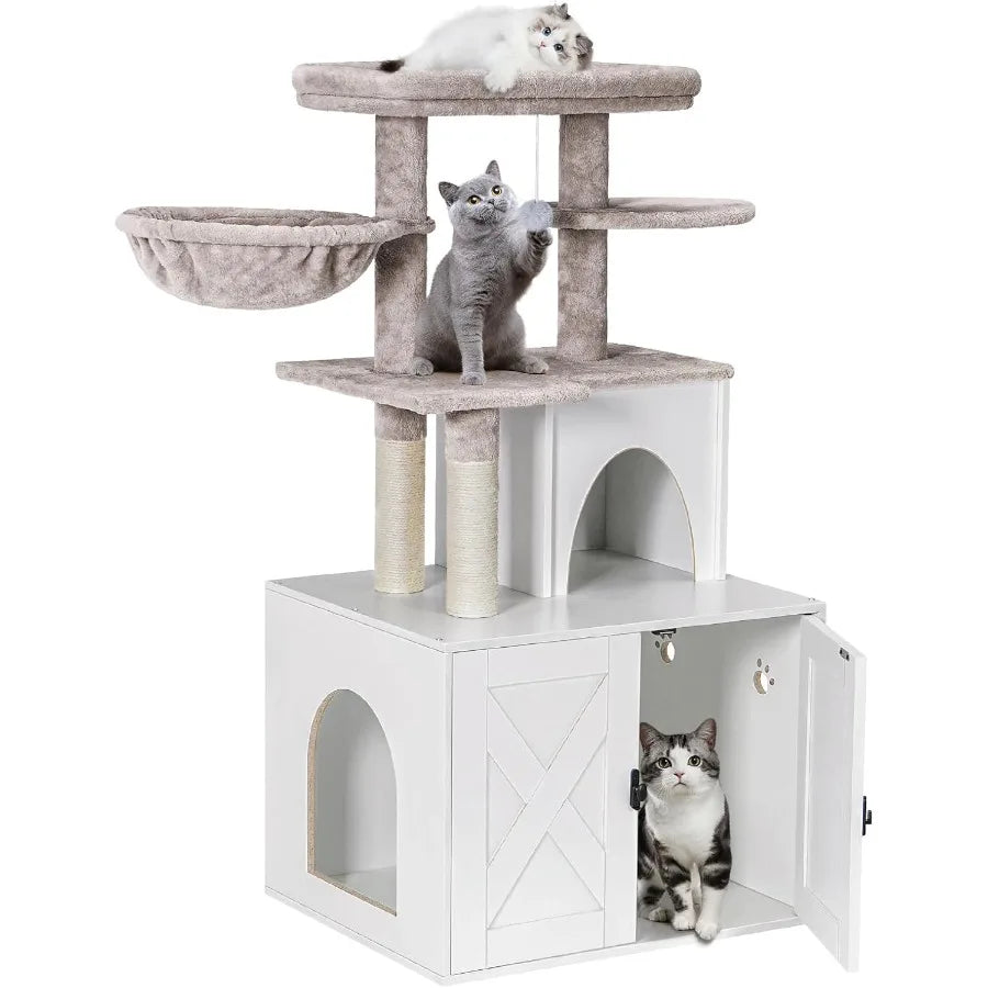 White Wooden Cat Litter Box Enclosure with Integrated Cat Tree Tower and Hidden Washroom Condo Furniture Featuring Sisal Scratc