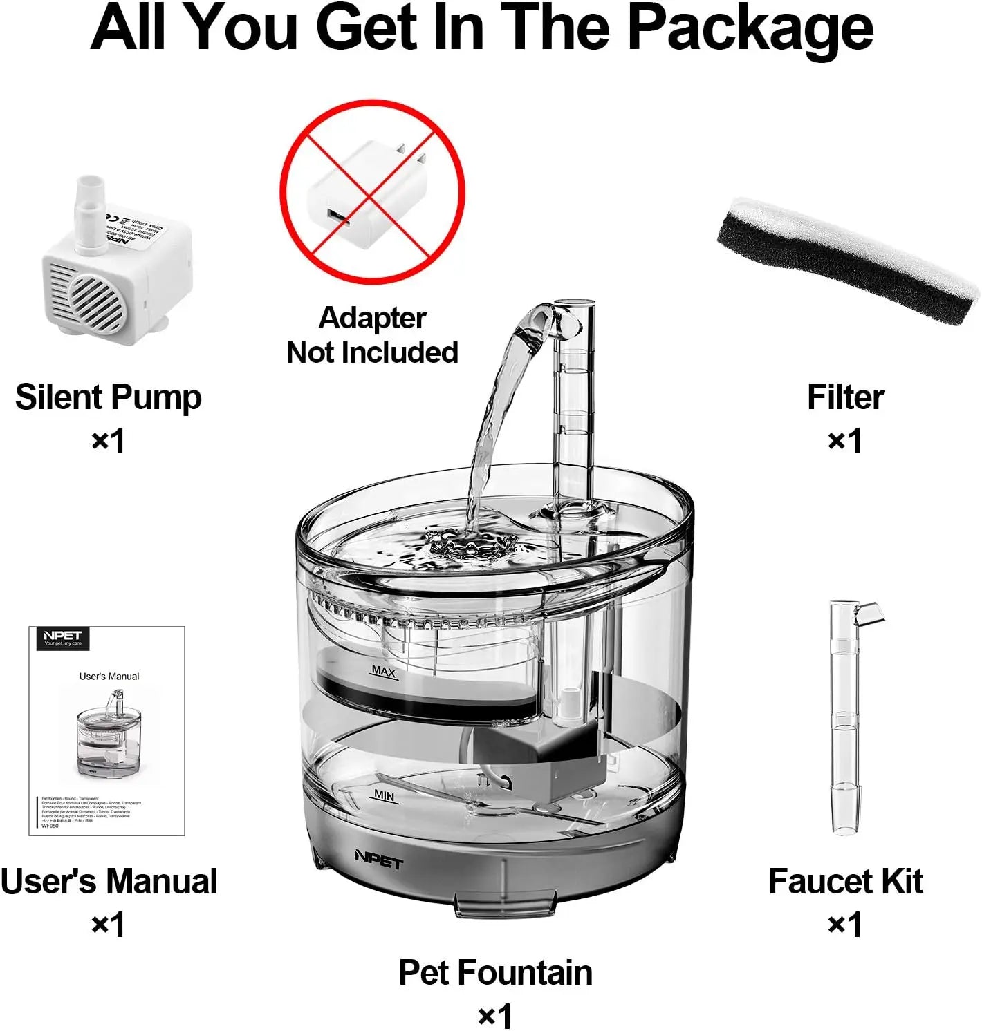 NPET Cat Water Fountain - 1.5L Automatic Pet Drinking Fountain with Replacement Faucet Kit