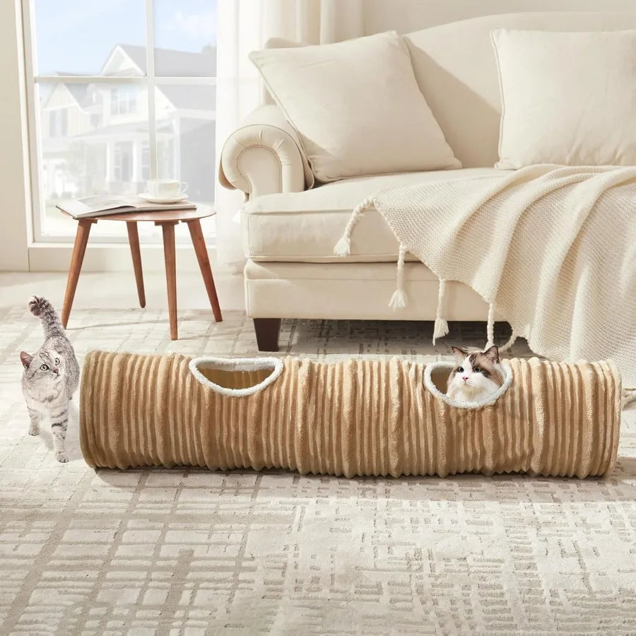 Collapsible Straight Tube Cat Tunnel with Fun Ball and Two Access Holes for Indoor Cats Rabbits Ferrets Puppies and Large Pets