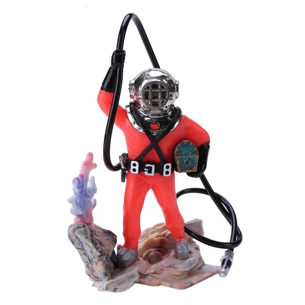 Red diving suit figure with a helmet on a white background