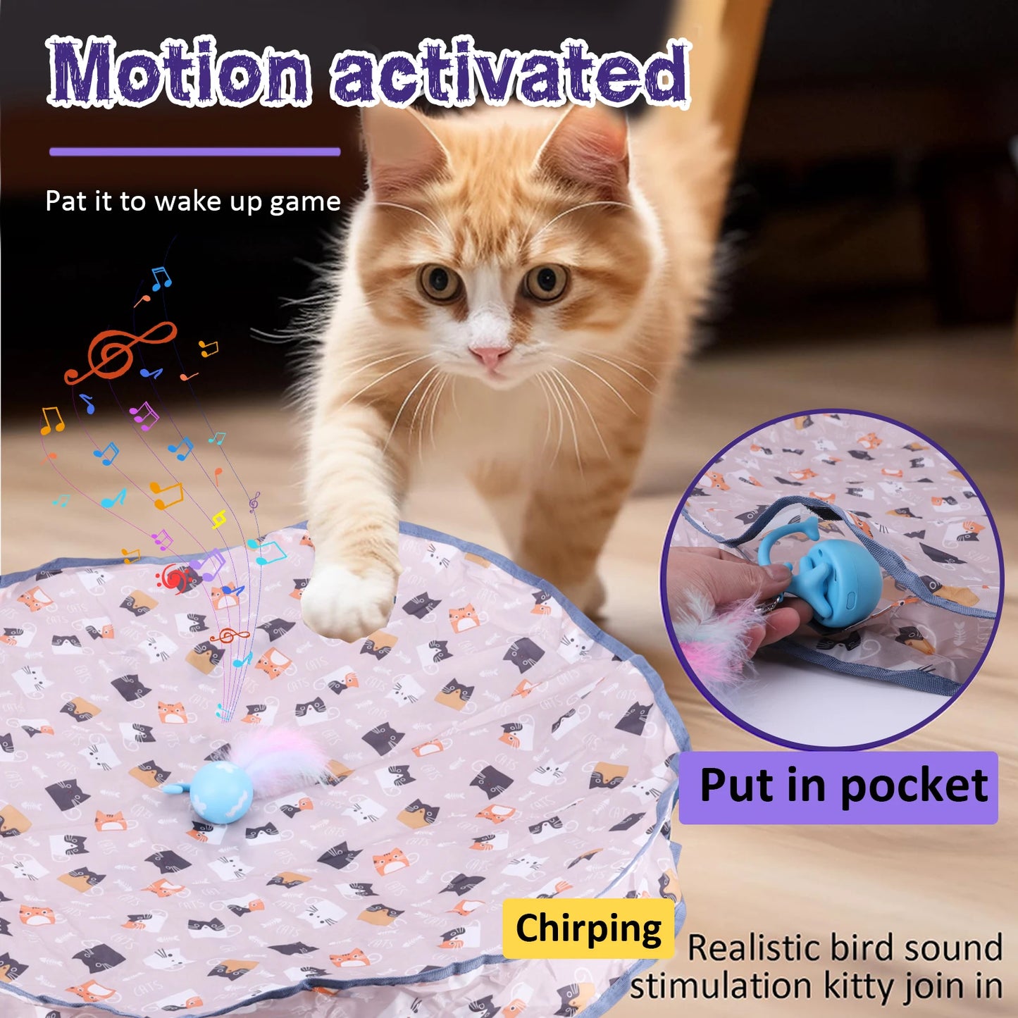 Smart Interactive Cat Toys Ball Fast Rolling in Pouch Hide and Seek Kitten Toy Motion Activated Interactive Cat Toy for Indoor