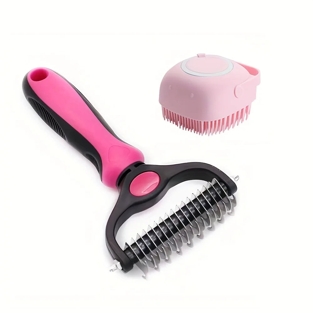 【2-in-1 Pet Grooming Brush】Dual-Sided Deshedding Tool, Stainless Steel Comb & Silicone Massage Brush, Reduce Shedding Painless f