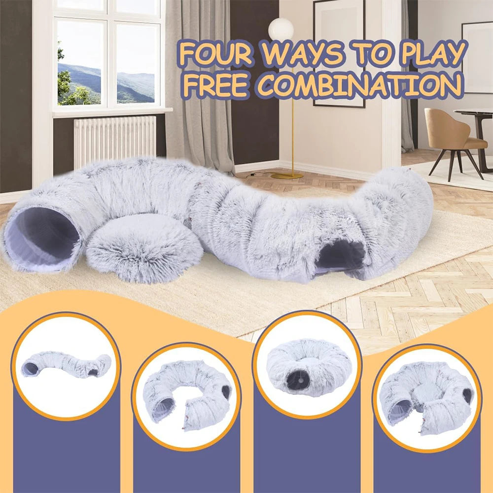 Plush Cat Tunnel Bed - 2-in-1 Foldable Hideaway