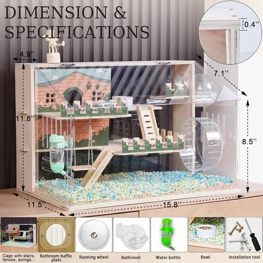 11 in 1 Wooden Hamster Cage with All Accessories 15.8 Inch 3Layer Dwarf Hamster Cage Acrylic Small Animal Cages Pastoral Style