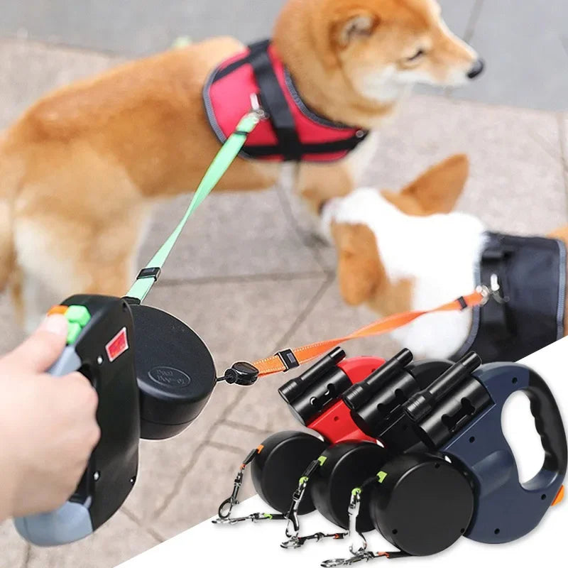 Dual Dog Retractable Leash with LED Flashlight & Waste Bag Dispenser