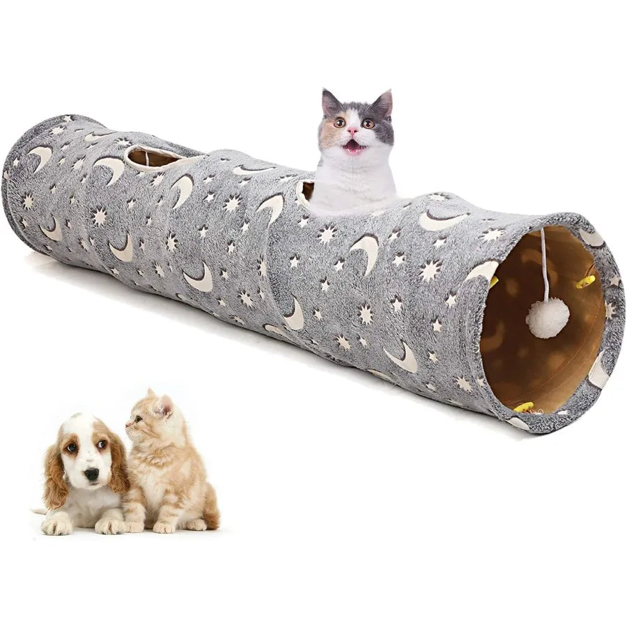 Collapsible SelfLuminous Photoluminescent Cat Tunnel Tube with Plush Ball Toys for Small Pets Bunny Rabbits Kittens Ferrets Pup