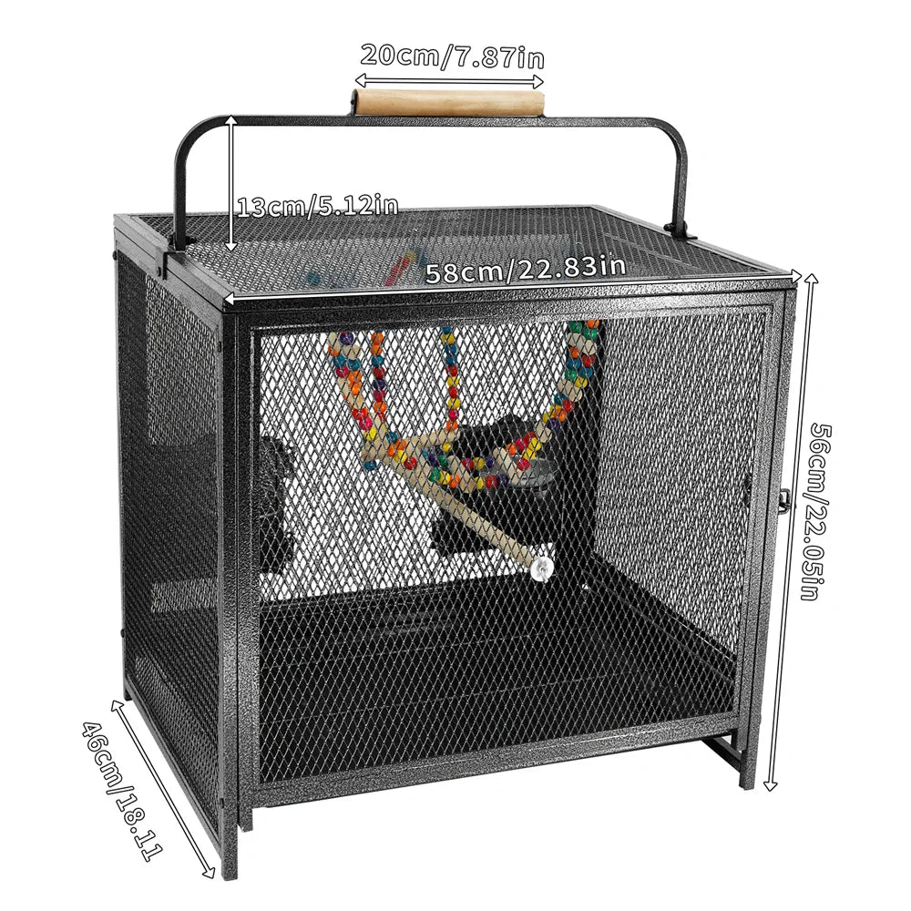 Heavy Duty Wrought Iron Bird Cage Travel Carrier Cage with Handle Wooden Perch for Parrots Canaries Budgies Lovebirds Cockatiels
