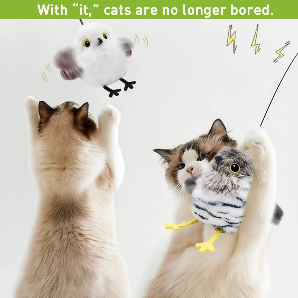 Two fluffy cats play with the Pet Interactive Flapping Chirping Bird Cat Toy—one soars in mid-air, another dangles from a string. Green text reads, With it, cats are no longer bored. Yellow motion lines show the toy’s lively action.