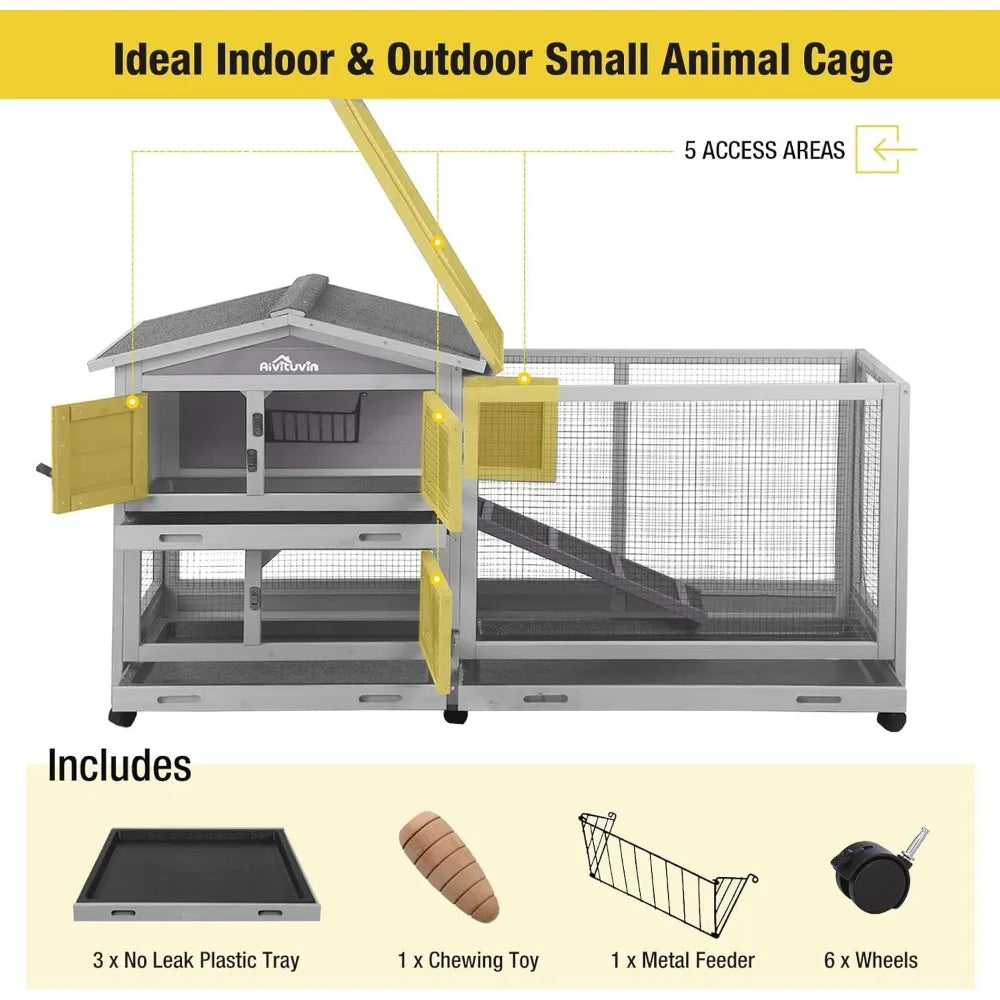 Rabbit Hutch Outdoor Indoor Rabbit Cage Chikcen Coop with Casters Guinea Pig Cage with 3 Deep No Leakage Pull Out Tray,Waterpro