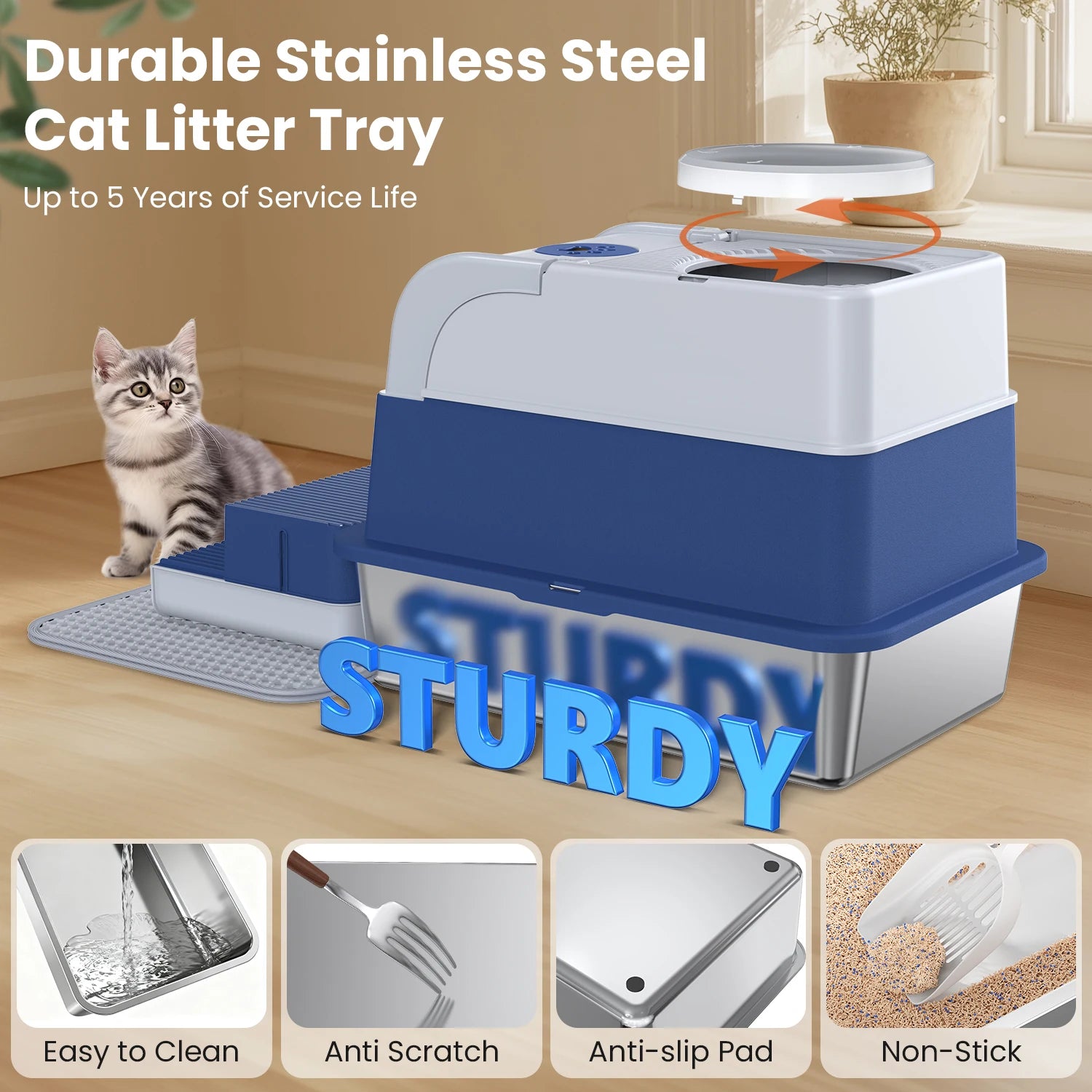 Stainless Steel Cat Litter Box with Lid & Scoop - Odor Control
