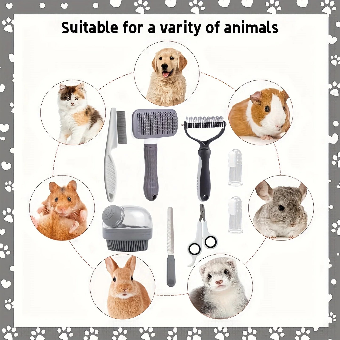 8pcs/set Dog Grooming Kit, Self-cleaning Pet Grooming Set with Nail Clippers And File, Flea Comb, Shampoo Bath Brush, Hair Remov