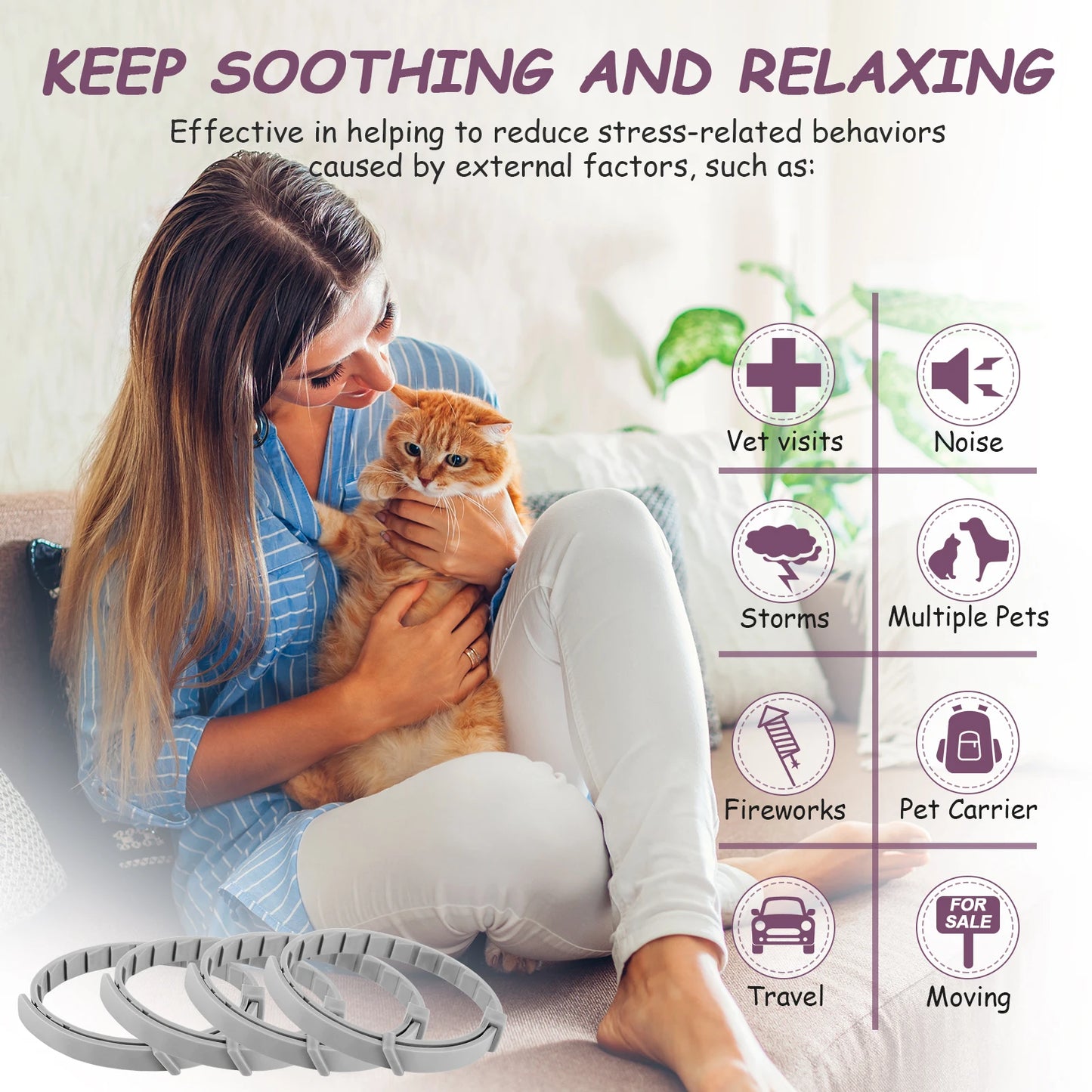 4Pcs Cat Calming Collar Cat Pheromone Collar Adjustable Comfort Cat Calm Collar Anti-Anxiety Helps with Aggression Pet Supplies