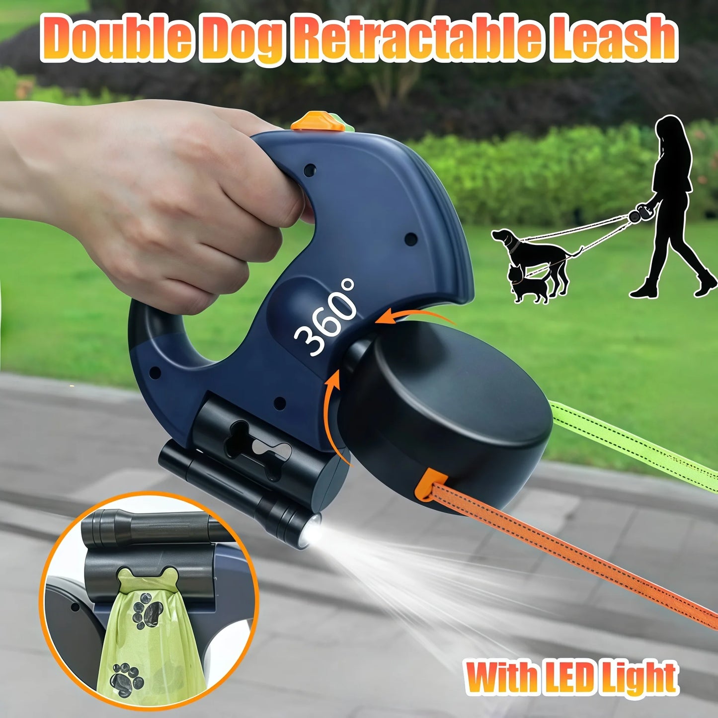 Auto Retractable Double-Ended Dog Leash 3m with LED Flashlight Waste Bag Box Roulette 360 Degree Dual Traction Rope Pet Supplies