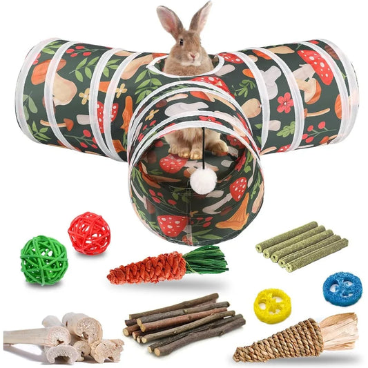 Rabbit Toys Bunny Tunnel Tube Collapsible 3 Way Rabbit Hideout Tunnel with Chew Toy for Bunny Guinea Pig Ferret Kitten Ideal In