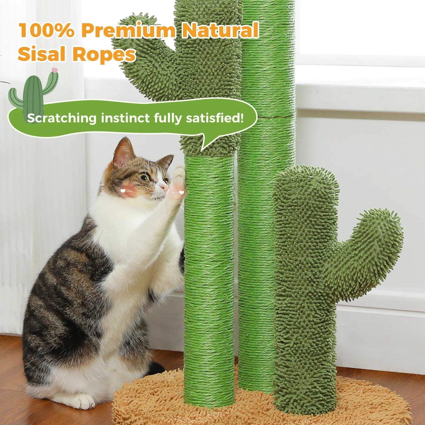 Cat Scratching Post with 3 Natural Scratching Poles and Interactive Dangling Ball, Cactus Cat Scratcher for Indoor, Cat Toys