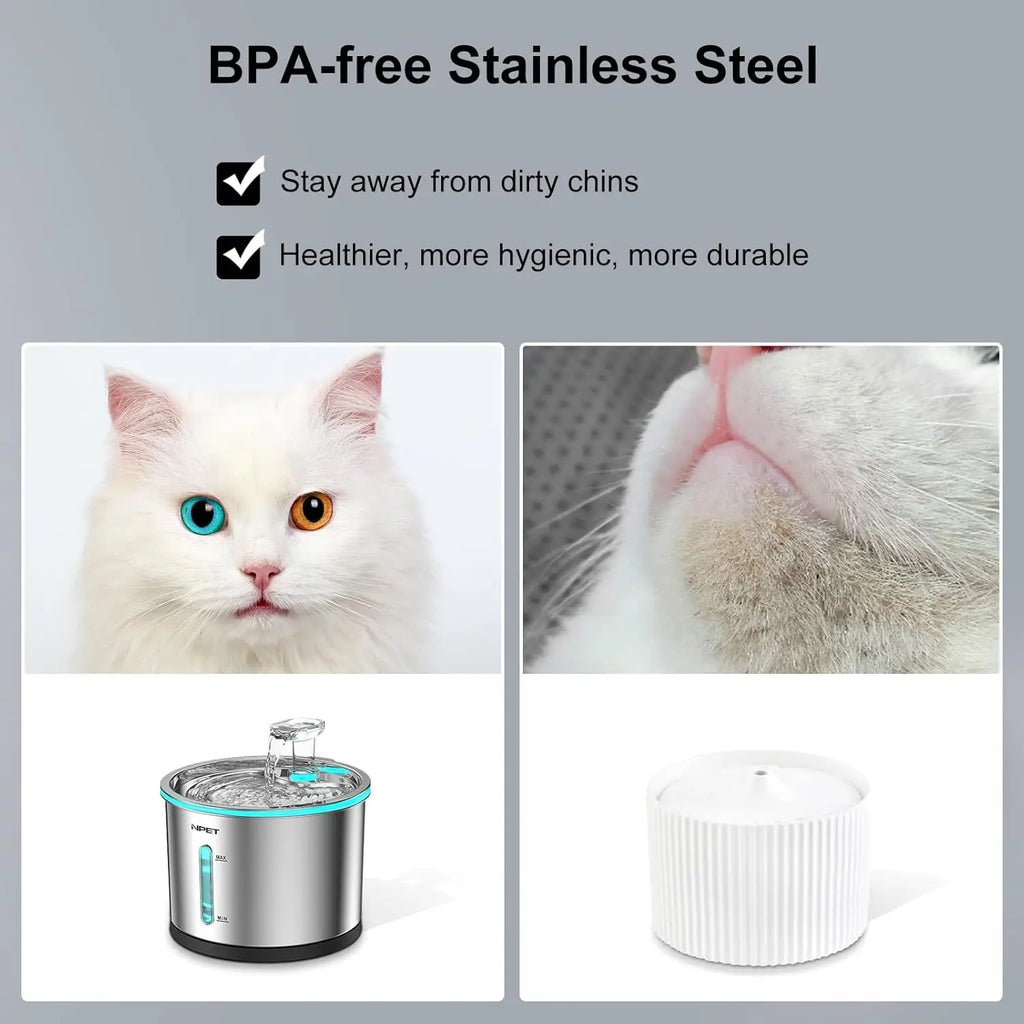 NPET Cat Water Fountain - 50oz/1.5L Stainless Steel Dishwasher Safe Fountain with LED Light