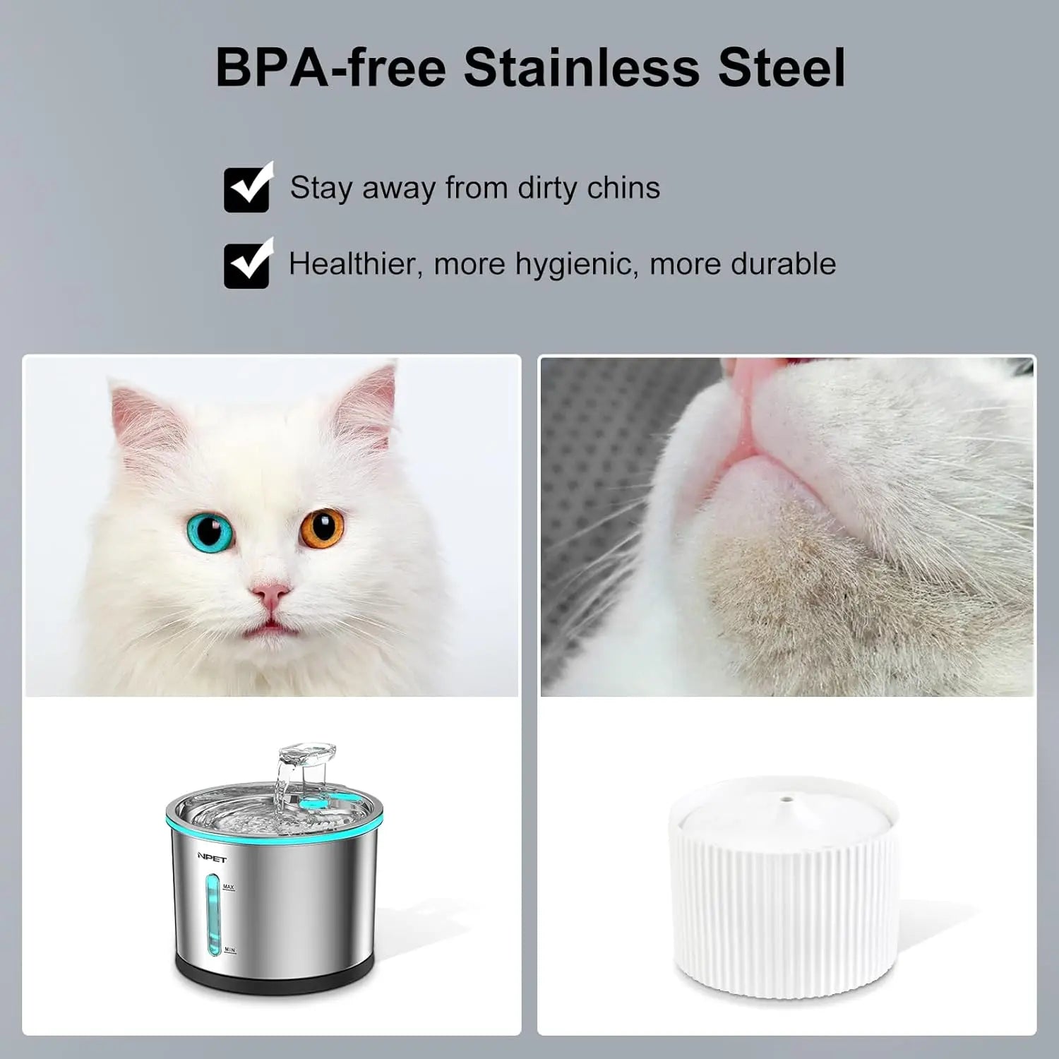 NPET Cat Water Fountain - 50oz/1.5L Stainless Steel Dishwasher Safe Fountain with LED Light
