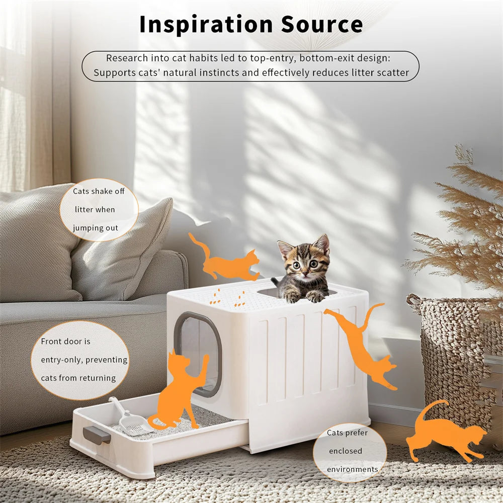 Cat Litter Box Tray Hood Covered Large Entrance Front and Top Access with Lid Cat Litter Tray Pet Kitten Training Toilet Scoop