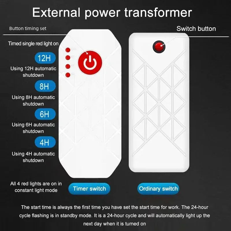 External power transformer with timer and switch functions on a black background