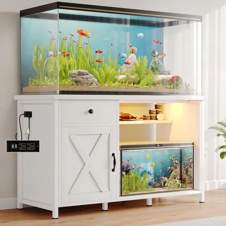 55 Gallon Fish Tank Stand with LED Light and Power Outlets for 5575 Gallon Aquarium Includes Drawer and Barn Door Design 50 L x
