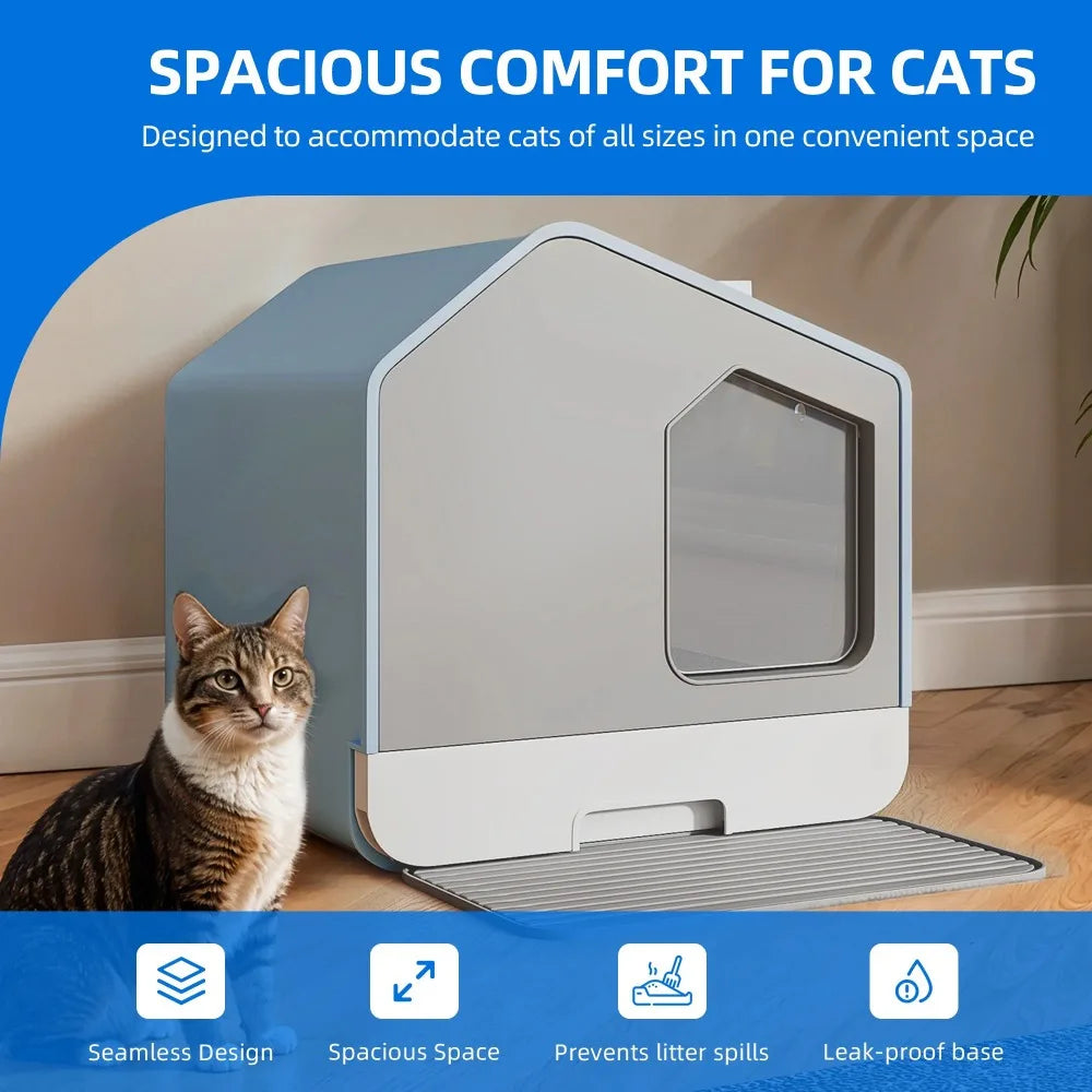 Uforic Enclosed Cat Litter Box - Odor-Free Hooded Design, Easy to Clean, with Mat, Scoop, and Durable Plastic Material - Blue