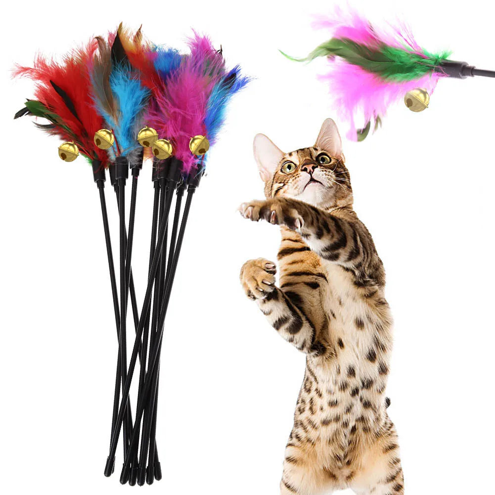 5pcs/set Interactive Funny Cat Stick Colorful Feather Chicken Feather Cat Stick Bell Exquisite Creative Novelty Pet Cat Supplies
