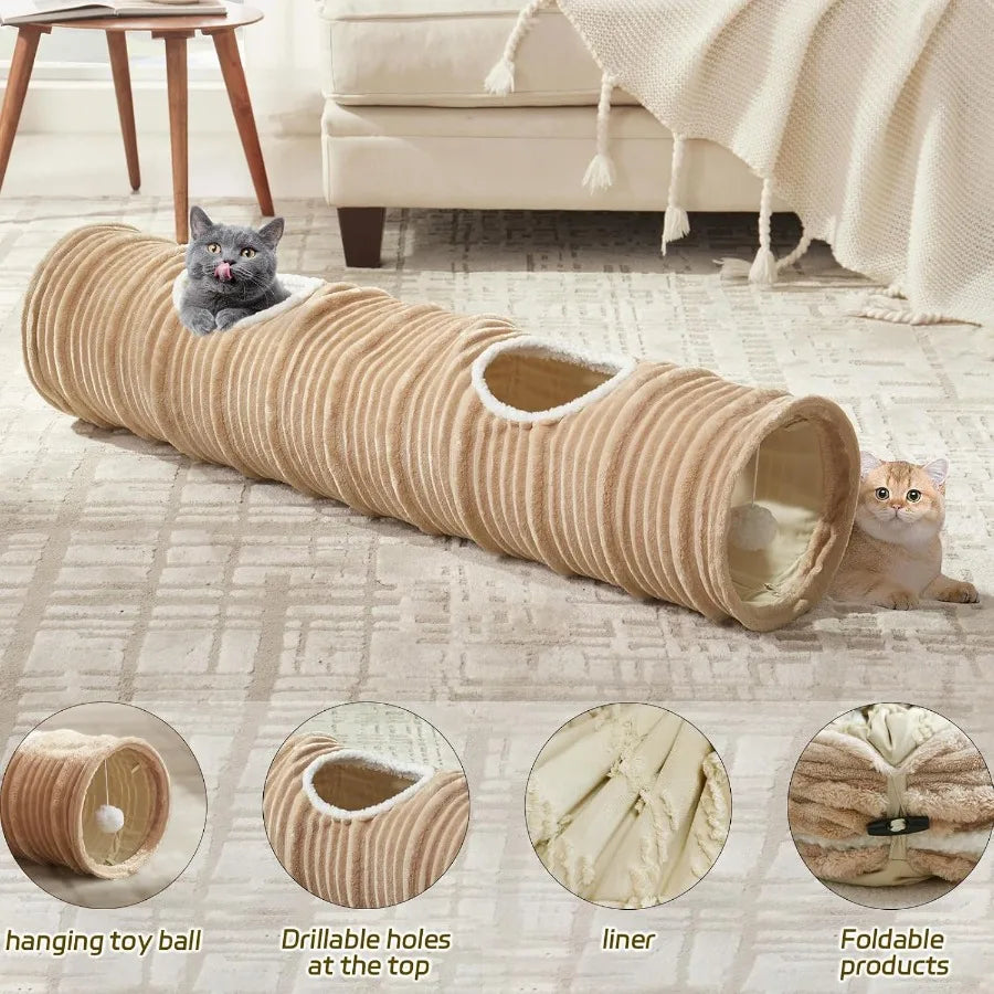 Collapsible Straight Tube Cat Tunnel with Fun Ball and Two Access Holes for Indoor Cats Rabbits Ferrets Puppies and Large Pets
