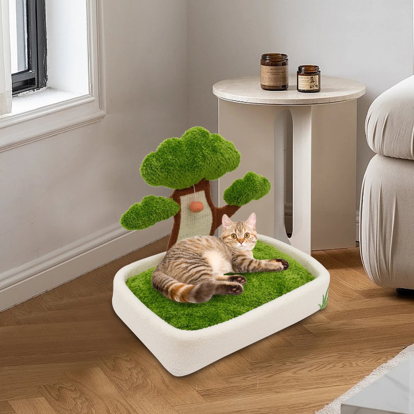 Indoor Cat Furniture (Green)—Combines Cat Bed & Scratching Post, Plush Cat Ball+Anti-Moist Legs, Easy Assemble, Ideal for Home