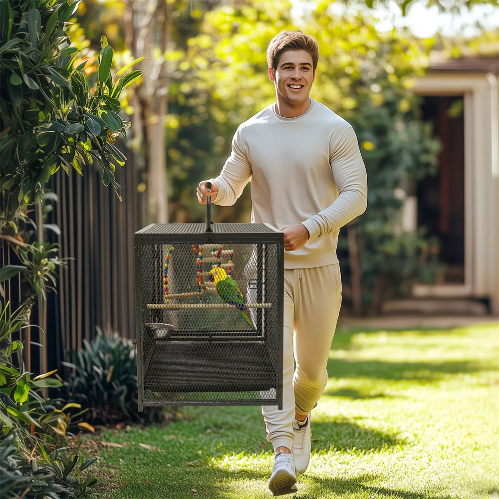 Heavy Duty Wrought Iron Bird Cage Travel Carrier Cage with Handle Wooden Perch for Parrots Canaries Budgies Lovebirds Cockatiels