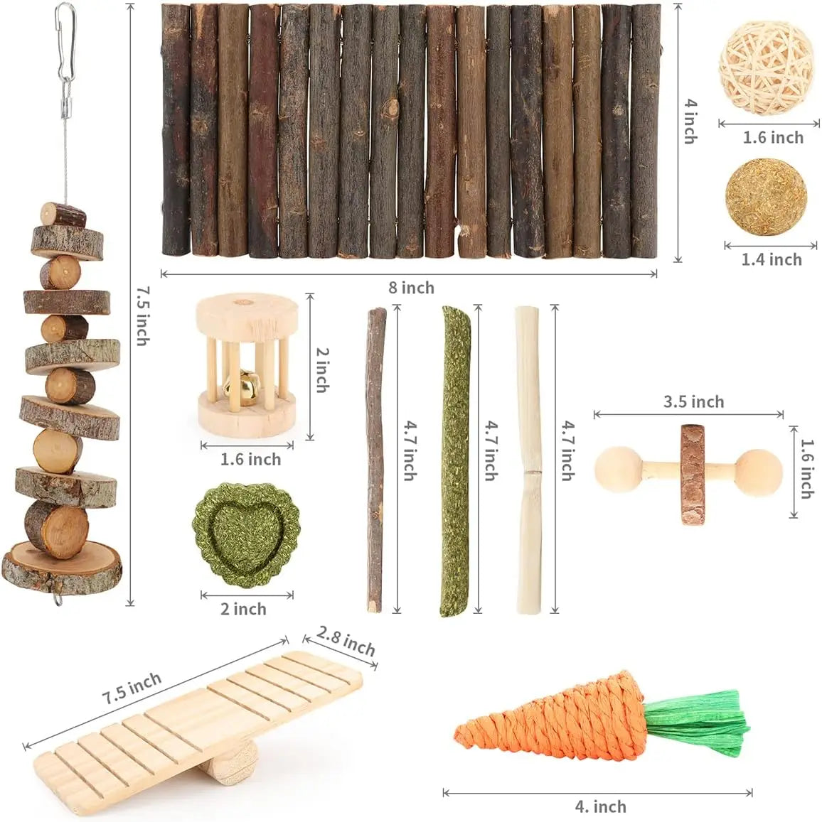 12-Piece Hamster Cage Chew Toy Set – Natural Molar Grinding & Hideout Seesaw for Rabbits, Guinea Pigs & Small Pets