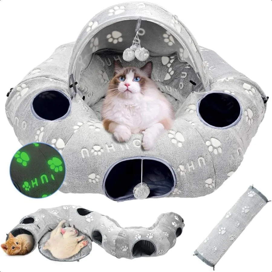 Cat Tunnel Bed Cat Tunnels for Indoor Cats Cat Donut Tunnel Toy with Washable Circle Cushion Straight Shaped Tunnel 4 Fluffy Ba