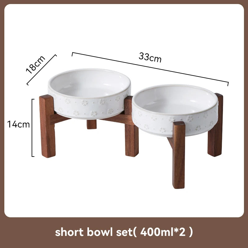 Ceramic Dog Bowl Set with Wooden Stand 1200ml 1800ml Anti Slip Pet Feeder for Medium Large Dogs Elevated Double Food Water Dish