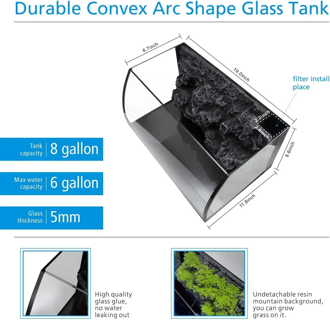 8 Gallon Curved Glass Aquarium Starter Kit – LED Light, Filter & 3D Rockery Background