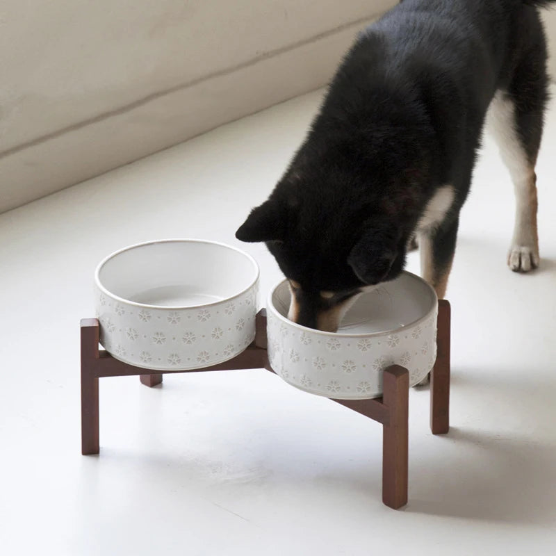Ceramic Dog Bowl Set with Wooden Stand 1200ml 1800ml Anti Slip Pet Feeder for Medium Large Dogs Elevated Double Food Water Dish