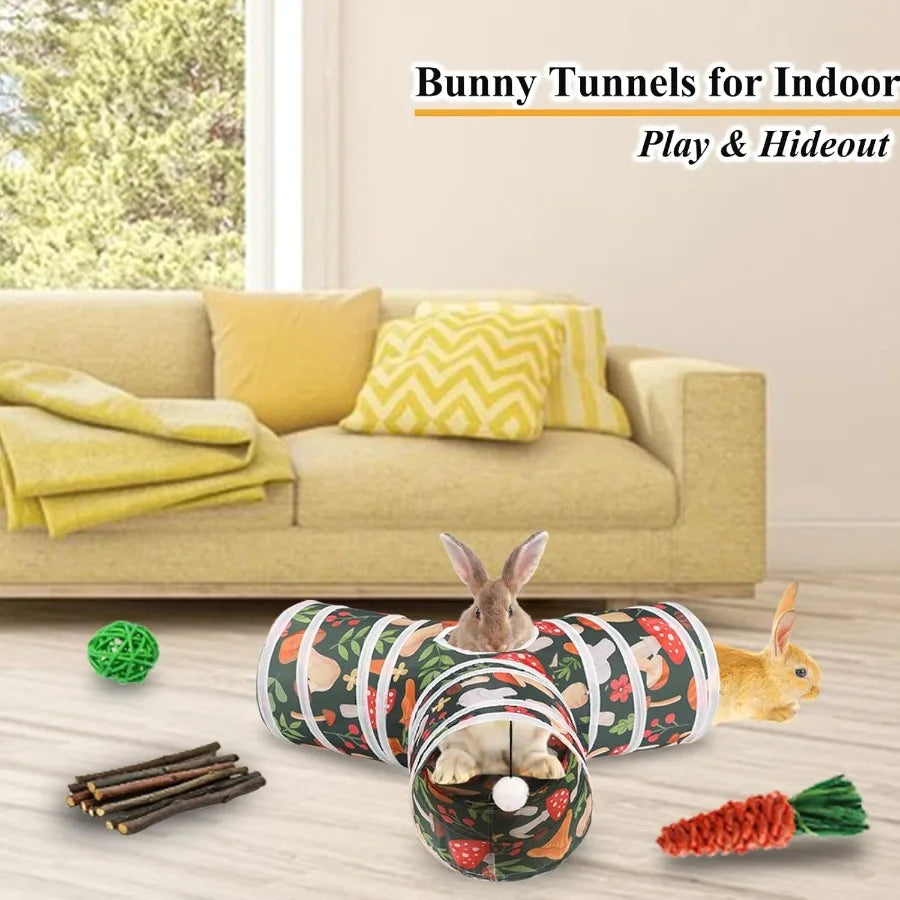 Rabbit Toys Bunny Tunnel Tube Collapsible 3 Way Rabbit Hideout Tunnel with Chew Toy for Bunny Guinea Pig Ferret Kitten Ideal In