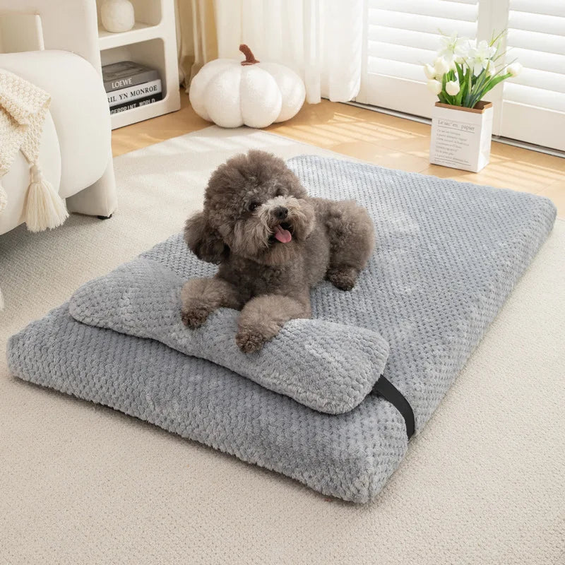 Calming Dog Bed with Pillow - Fluffy Plush Pet Mat with Removable Cover