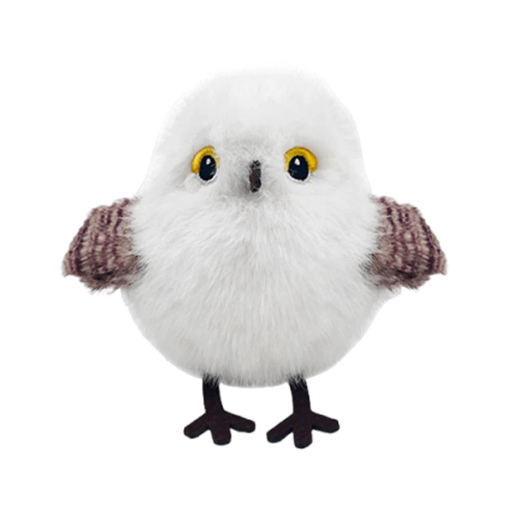The Pet Interactive Flapping Chirping Bird Cat Toy features a round, fluffy white plush owl design with bright yellow eyes, a small brown beak, soft brown wings, and two black feet, perfect as an interactive cat exercise toy.
