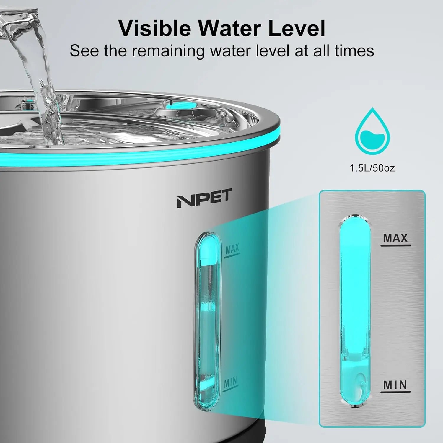 NPET Cat Water Fountain - 50oz/1.5L Stainless Steel Dishwasher Safe Fountain with LED Light