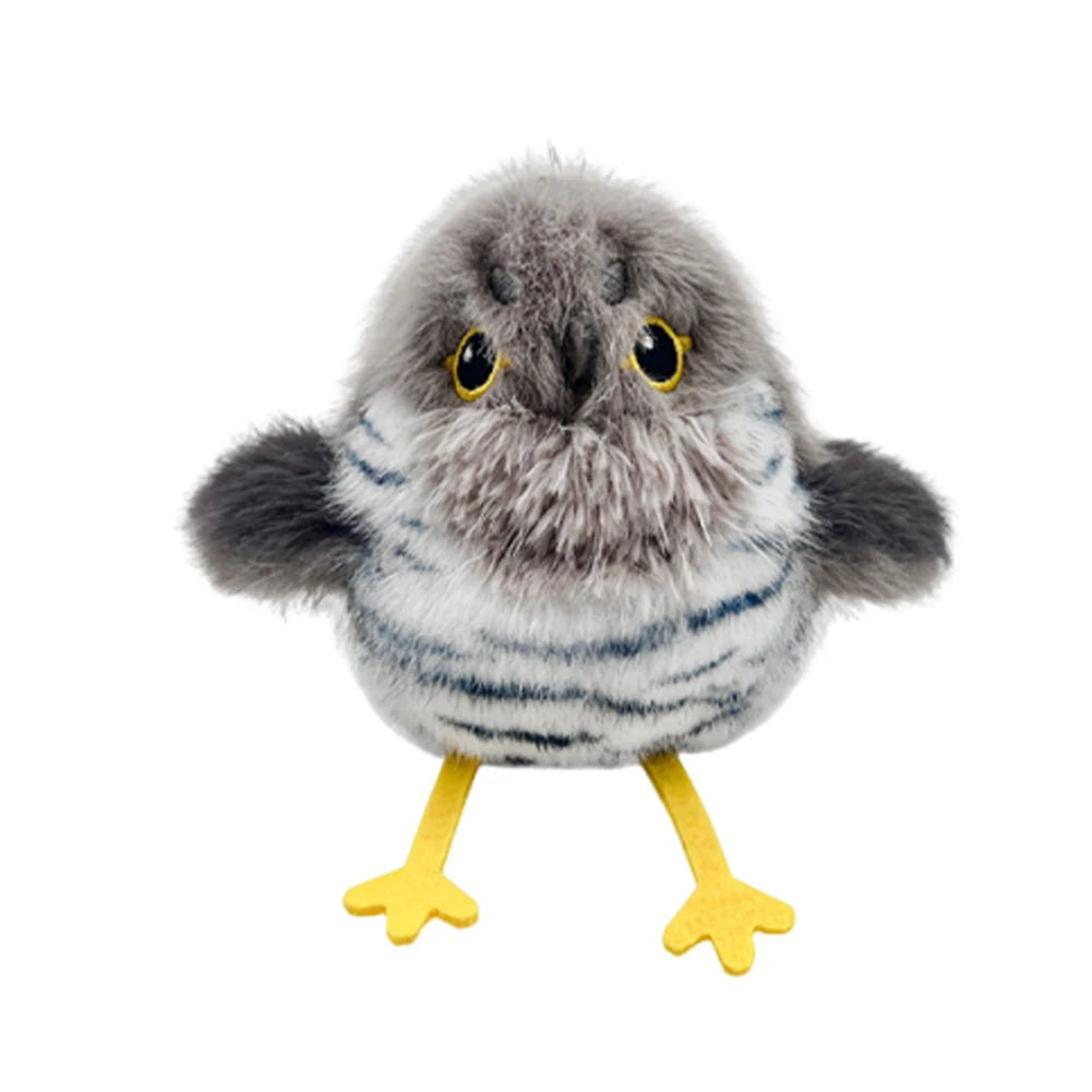 The Pet Interactive Flapping Chirping Bird Cat Toy features gray and white striped plush, yellow felt feet, round yellow eyes, and dark wings—an ideal interactive exercise toy to keep your kitten active and engaged during indoor play.