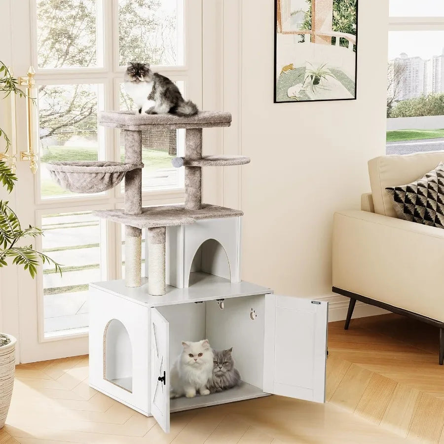 White Wooden Cat Litter Box Enclosure with Integrated Cat Tree Tower and Hidden Washroom Condo Furniture Featuring Sisal Scratc